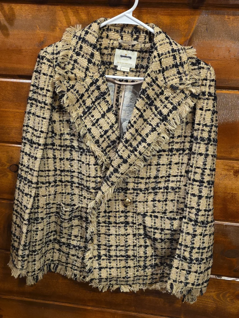 New! Kate Spade Beige and Navy Frayed Plaid Tweed Blazer